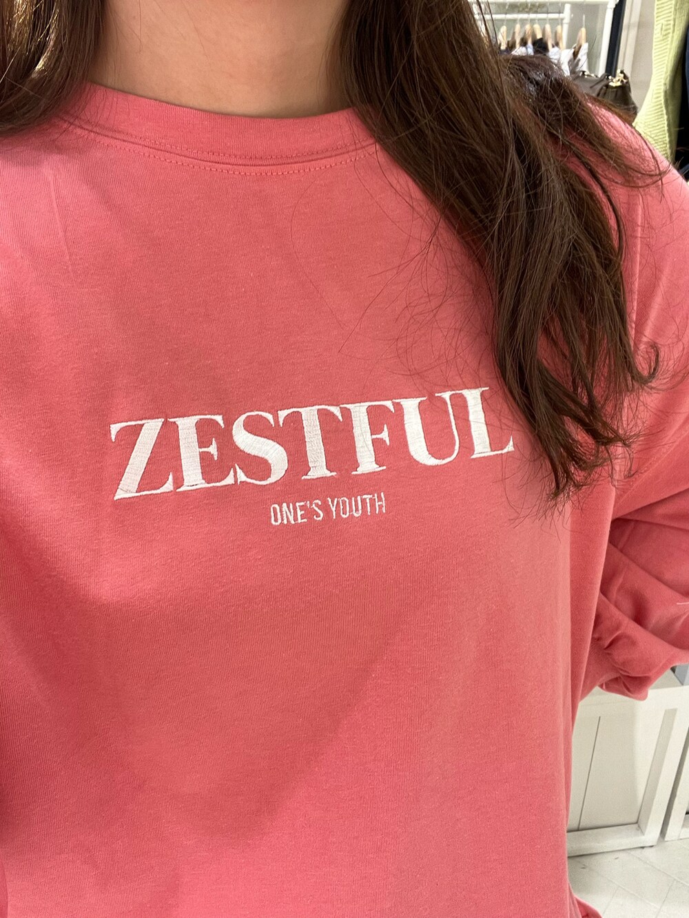 ピンク系のTシャツ/カットソー、ブルー系のスカート、ブラウン系のショルダーバッグを着用したレディースの冬コーディネートの2枚目の写真