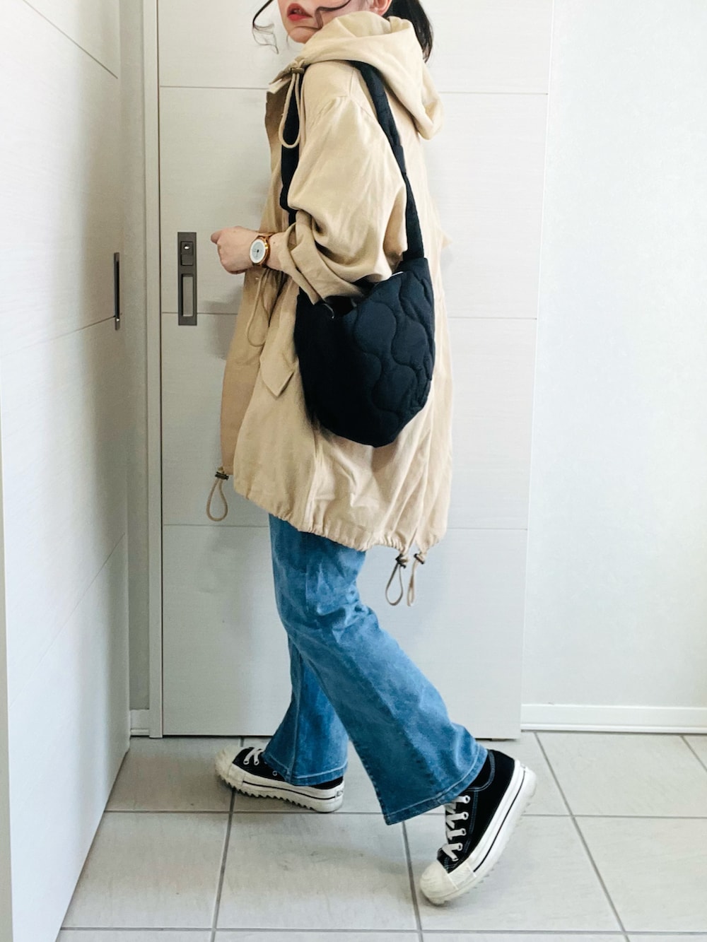「春服デビュー宣言、大人カジュアル、カジュアルコーデ、春コーデ、シンプル、オーバーサイズ、スノーパーカー、オトナ女子、Crisp、crisp_style、Crispコーデ、クリスプ、低身長、低身長コーデ、低身長女子」|「Crispのオーバースノーパーカー(モッズコート、ベージュ系)」を使った、❁⃘asa❁⃘さん(レディース・150cm)の春コーディネートの3枚目の写真