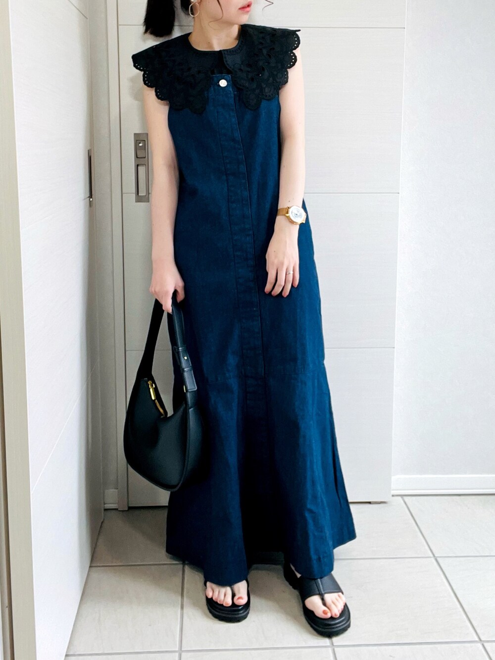 「夏コーデ、プチプラ、襟付きトップス、ハンチ、Hunch、わたしの日常服、きれいめカジュアル、マーメイドワンピース、ジャンスカ、ANGIE VINTAGE、大人かわいい、オトナ女子、低身長、低身長コーデ、低身長女子」｜「hunchのヘビロテしたくなる、ちょい甘レース衿ブラウス（シャツ/ブラウス、ブラック系）」を使った、❁⃘asa❁⃘さん（レディース・150cm）の夏コーディネートの2枚目の写真