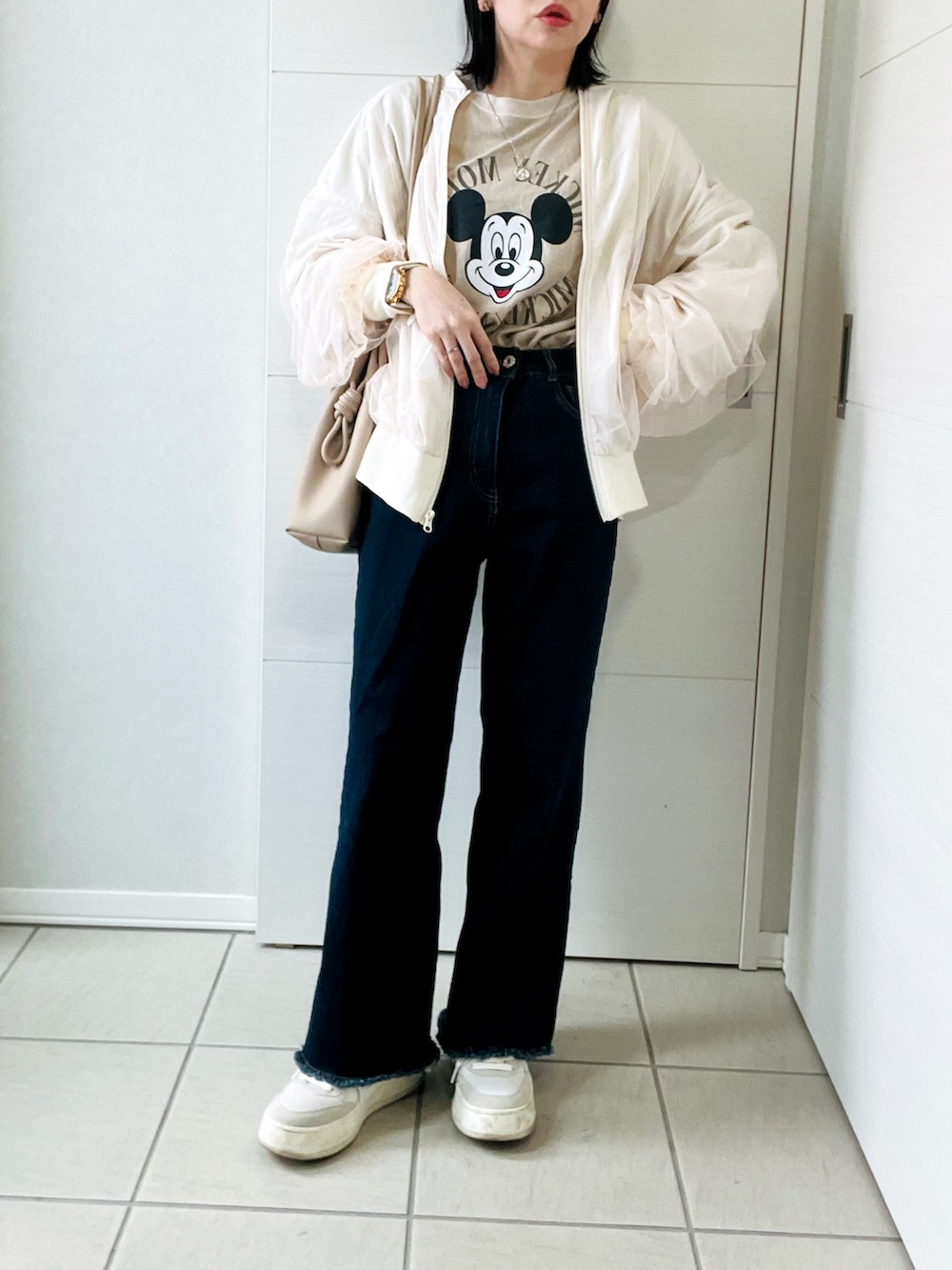 「春めき満開コーデ、春色、春コーデ、休日スタイル、低身長女子、低身長、低身長コーデ、tiptop_pocket、tipコーデ、ティップトップ、ブルゾン、チュール、休日、カラーコーデ」｜「tiptopのチュールレイヤードBIGブルゾン（ブルゾン、ホワイト系）」を使った、❁⃘asa❁⃘さん（レディース・150cm）の春コーディネートの4枚目の写真