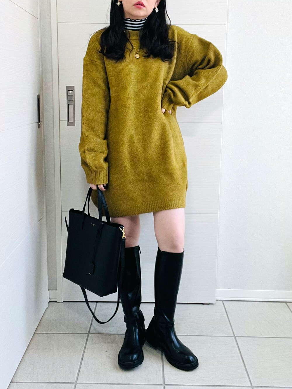「ファッションを楽しもう、お出かけコーデ、カジュアルコーデ、大人可愛い、ニット、ビッグシルエット、マスタード、カラーコーデ、低身長、低身長コーデ、低身長女子、reca、recaコーデ、レカ(reca)、ニットワンピース」｜「recaのビッグシルエットボリュームニット（ニット/セーター、イエロー系）」を使った、❁⃘asa❁⃘さん（レディース・150cm）の秋コーディネートの4枚目の写真