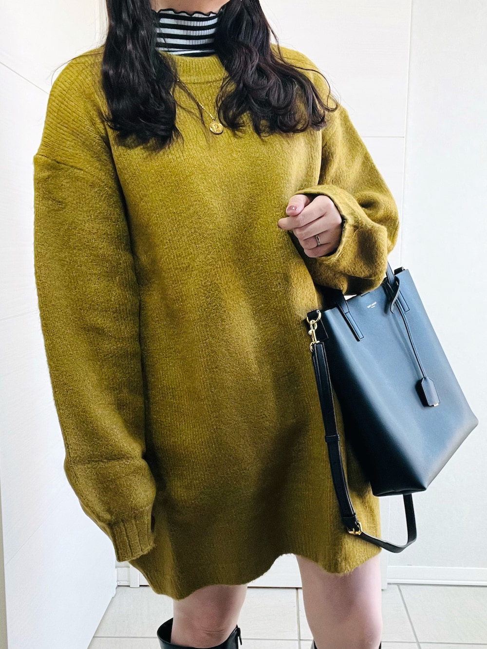 「ファッションを楽しもう、お出かけコーデ、カジュアルコーデ、大人可愛い、ニット、ビッグシルエット、マスタード、カラーコーデ、低身長、低身長コーデ、低身長女子、reca、recaコーデ、レカ(reca)、ニットワンピース」｜「recaのビッグシルエットボリュームニット（ニット/セーター、イエロー系）」を使った、❁⃘asa❁⃘さん（レディース・150cm）の秋コーディネートの2枚目の写真
