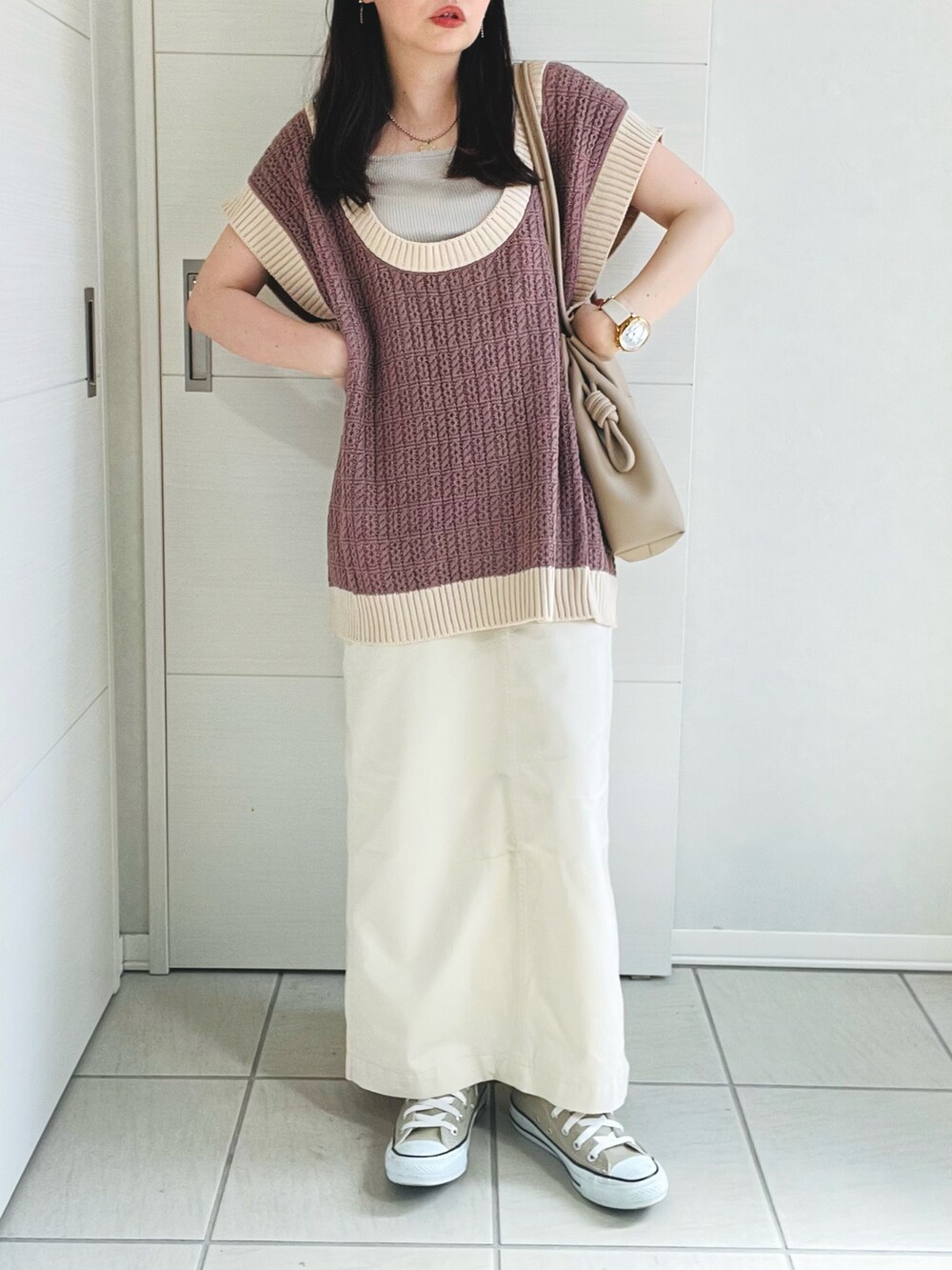 「アツいコーデ全部見せ、今日のコスメと服、秋先取りコーデ、休日スタイル、ニットベスト、クリスプ、秋コーデ、夏コーデ、低身長、低身長コーデ、低身長女子、秋服、Crispコーデ、Crisp、crisp_style」｜「Crispのバイカラーオーバーニットベスト[c1R3343]（ベスト、ブラウン系）」を使った、❁⃘asa❁⃘さん（レディース・150cm）の夏コーディネートの3枚目の写真