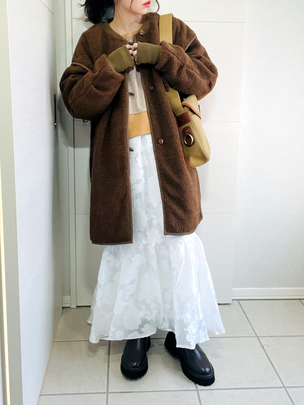 「カジュアルコーデ、カジュアルガーリー、冬コーデ、着回しコーデ、Crisp、Crispコーデ、ANGIE VINTAGE、オトナ女子、アンジーヴィンテージ、オトナカジュアル、クリスプ、プチプラ、低身長、低身長女子、低身長コーデ」|「Crispのリバーシブルミリタリーボアコート(その他アウター、ブラウン系)」を使った、❁⃘asa❁⃘さん(レディース・150cm)の秋コーディネートの2枚目の写真
