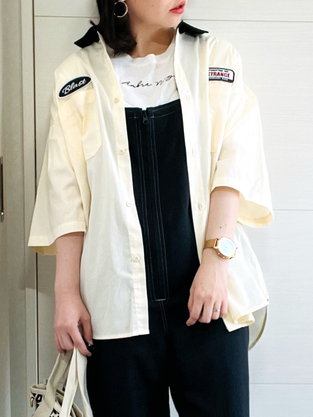 「オトナカジュアル、カジュアルコーデ、ストリートコーデ、ストリートMIX、ゆるコーデ、オトナ女子、オトナカワイイ、ジョンズクローゼット、JOHN'S CLOSET、ワークシャツ、ワッペン、レオパード、低身長、低身長コーデ、低身長女子」｜「Limited Line Naive Magicの【a】TCツイルワッペンクレリックワークシャツ　半袖（シャツ/ブラウス、ホワイト系）」を使った、❁⃘asa❁⃘さん（レディース・150cm）の春コーディネートの3枚目の写真
