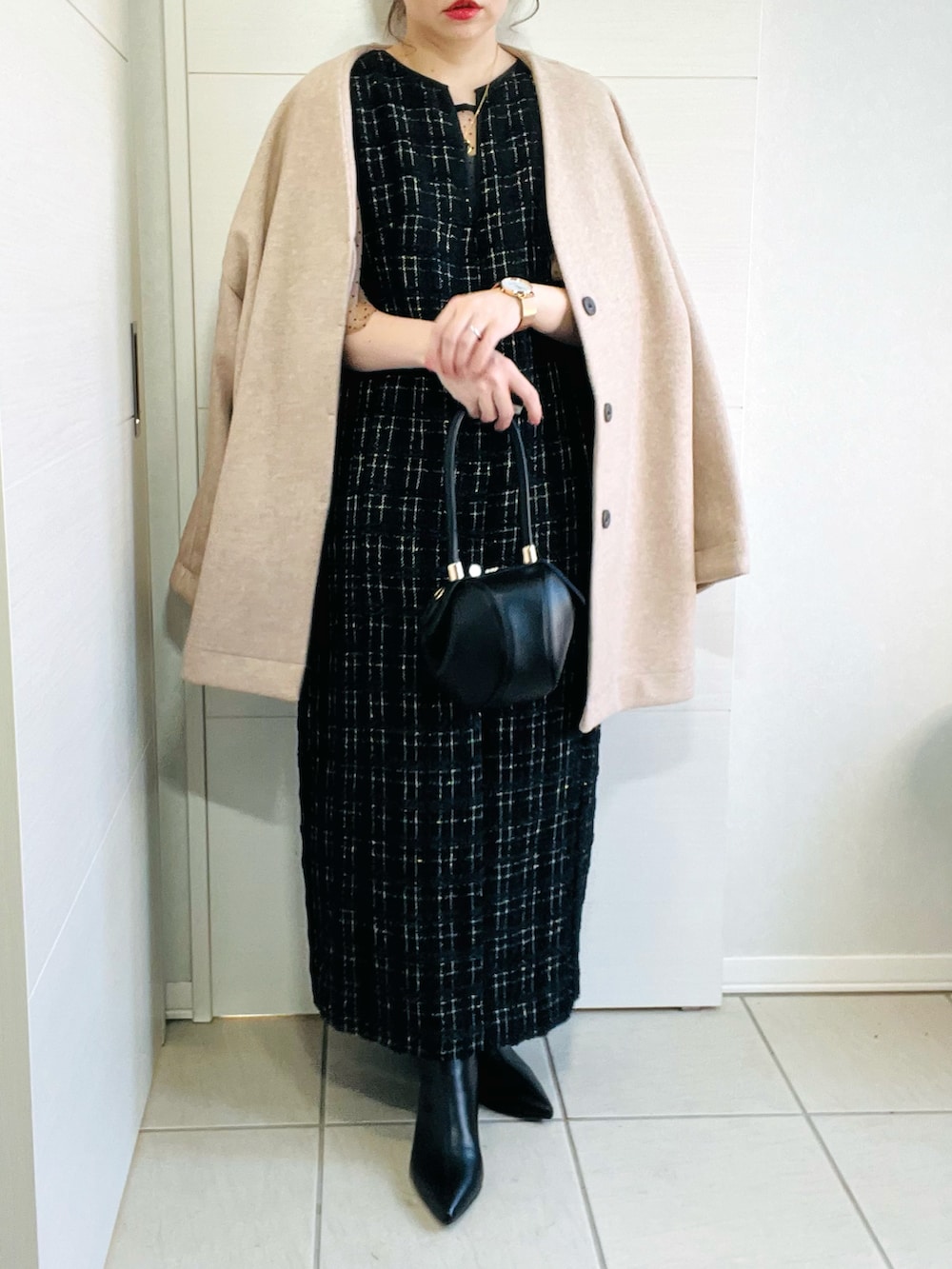 「結婚式、キレイめコーデ、ワンピース、ドレス、leja、クリスマスに着たい服、クリスマスコーデ、クリスマスプレゼント、uspoloassn、uspolo、USポロ、低身長、低身長コーデ、低身長女子、マイベストコーデ2022」|「Lejaの【LEJA】インナーシアーブラウスセット刺繍チェックジャンスカロング丈ドレスワンピース美脚効果結婚式 パーティードレス(ドレス、ブラック系)」を使った、❁⃘asa❁⃘さん(レディース・150cm)の冬コーディネートの5枚目の写真