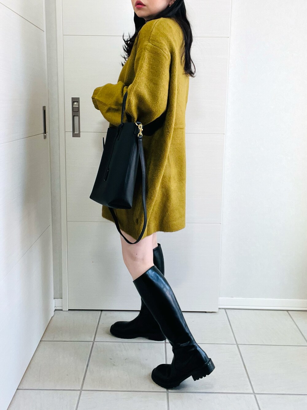 「ファッションを楽しもう、お出かけコーデ、カジュアルコーデ、大人可愛い、ニット、ビッグシルエット、マスタード、カラーコーデ、低身長、低身長コーデ、低身長女子、reca、recaコーデ、レカ(reca)、ニットワンピース」｜「recaのビッグシルエットボリュームニット（ニット/セーター、イエロー系）」を使った、❁⃘asa❁⃘さん（レディース・150cm）の秋コーディネートの5枚目の写真