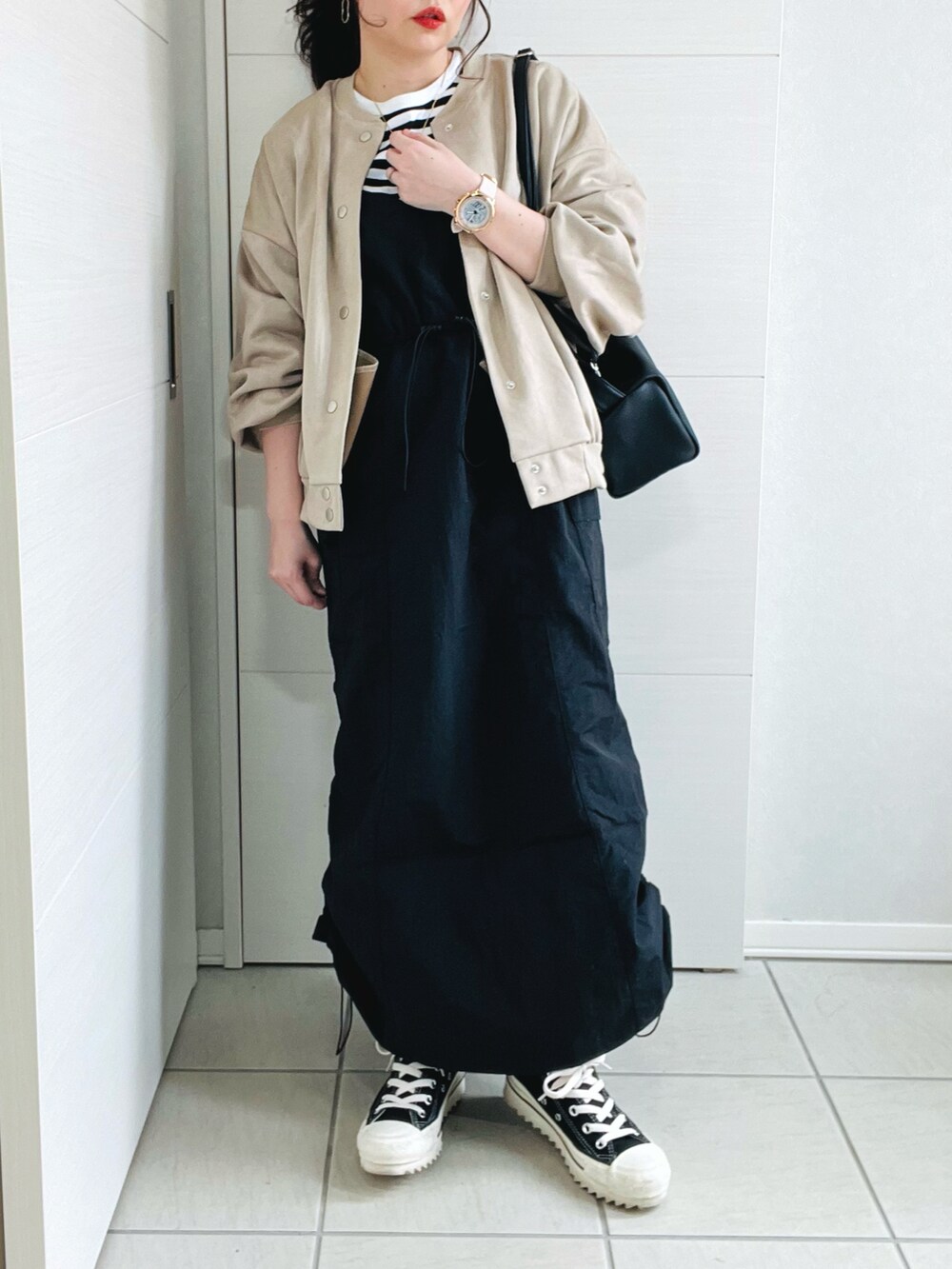 「春服デビュー宣言、フォッシル、Fossil、FOSSILSTYLE、tiptop、tiptop_pocket、tipコーデ、Fizz、fizz_zozotown、フィズ、ミリタリー、春アウター、低身長、低身長コーデ、低身長女子」|「Fizzの【Fizz/フィズ】 フェイクスエードスタジャン(スタジャン、ベージュ系)」を使った、❁⃘asa❁⃘さん(レディース・150cm)の春コーディネートの4枚目の写真