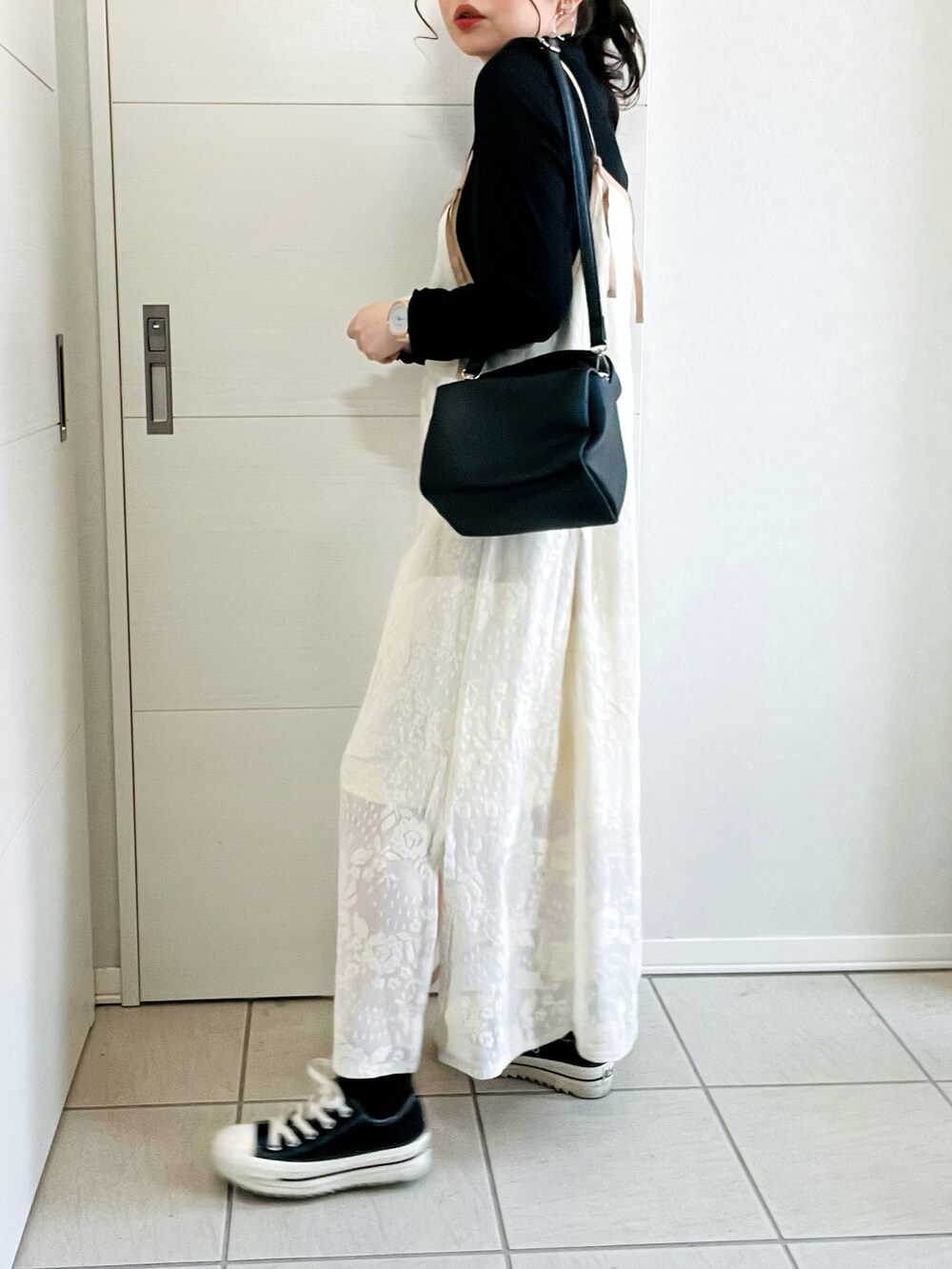 「春服、シンプル、カジュアル、オトナカジュアル、オトナ女子、フラワーレース、ワンピース、春コーデ、クリスプ、Crisp、Crispコーデ、低身長、低身長コーデ、低身長女子、プチプラコーデ」｜「Crispのバイカラーフラワーレースワンピース（ワンピース、ホワイト系）」を使った、❁⃘asa❁⃘さん（レディース・150cm）の春コーディネートの5枚目の写真
