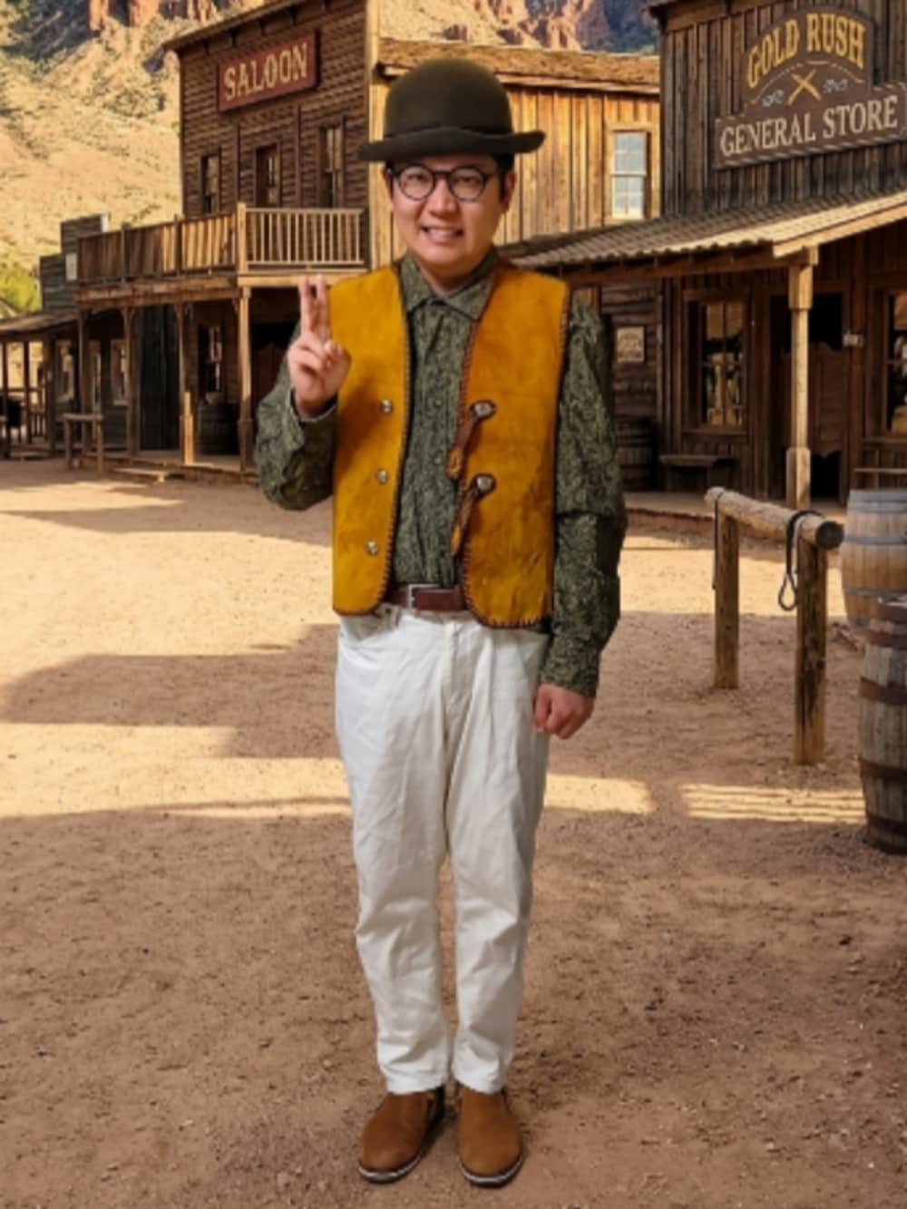 イエロー系のベスト、ベージュ系のシャツ/ブラウス、ブルー系のデニムパンツを着用したメンズの春コーディネートの2枚目の写真