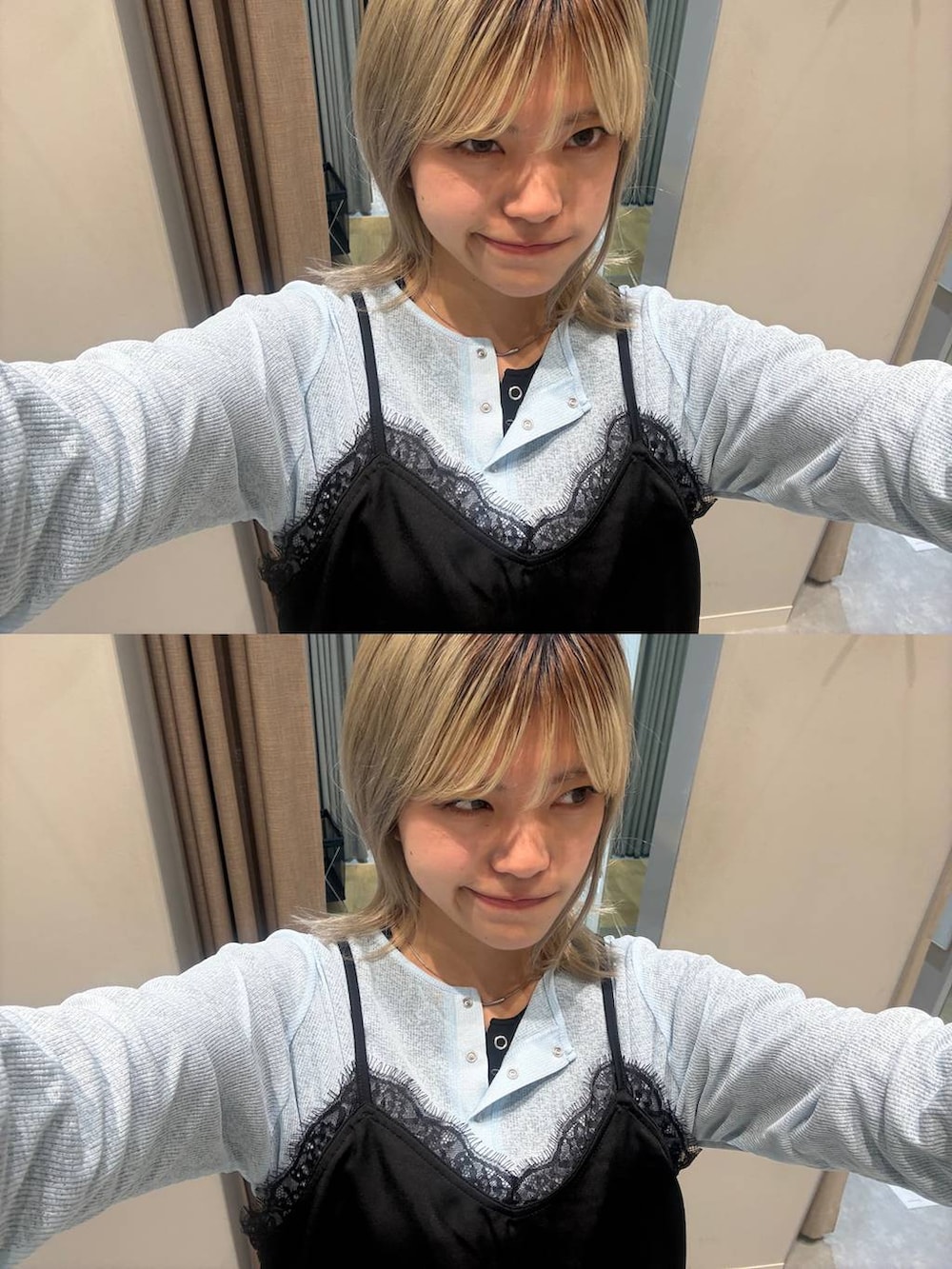 ブラック系のニット/セーター、ブルー系のデニムパンツ、ブラック系のローファーを着用したレディースの春コーディネートの3枚目の写真