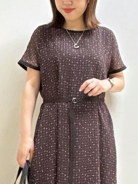 ブラウン系のワンピース、ベージュ系のパンプス、ブラック系のハンドバッグを着用したレディースの秋コーディネートの8枚目の写真
