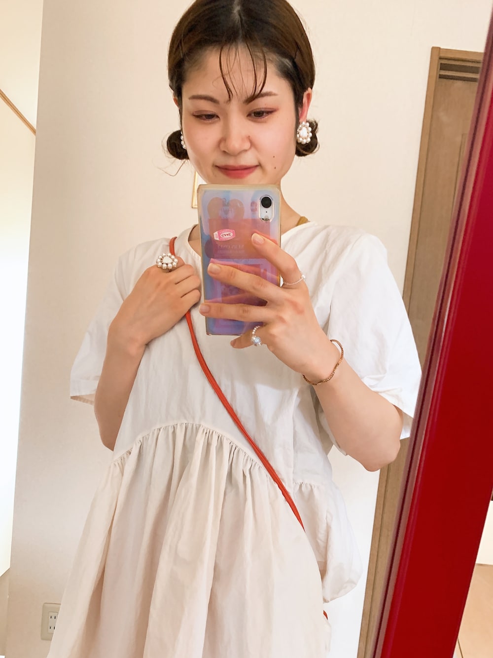 「夏コーデ、オレンジ、オレンジパンツ、フレアトップス」｜「JEANASISの12Ｇスカシジャガードラメフレアパンツ/942658（その他パンツ、オレンジ系）」を使った、chihonnuさん（レディース・154cm）の夏コーディネートの5枚目の写真