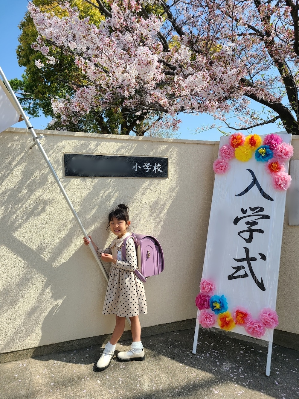 パープル系のランドセル、ベージュ系のワンピース、ホワイト系のシューズを着用したキッズの春コーディネートの2枚目の写真