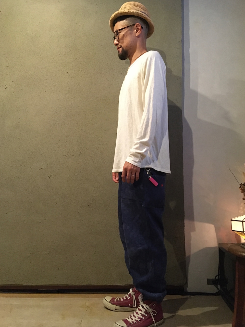「夏、シンプルスタイル、ラフ、低身長コーデ、ハット、オリジナルブランド、アパレルスタッフ、山形、服屋ウタタネ、ノームコア、ヘンプ、モンペ、イージーパンツ」｜「旅人のモンペのアイテム（パンツ、ブルー系）」を使った、꧁東根市(未)公認市長候補꧂さん（メンズ・164cm）の夏コーディネートの2枚目の写真