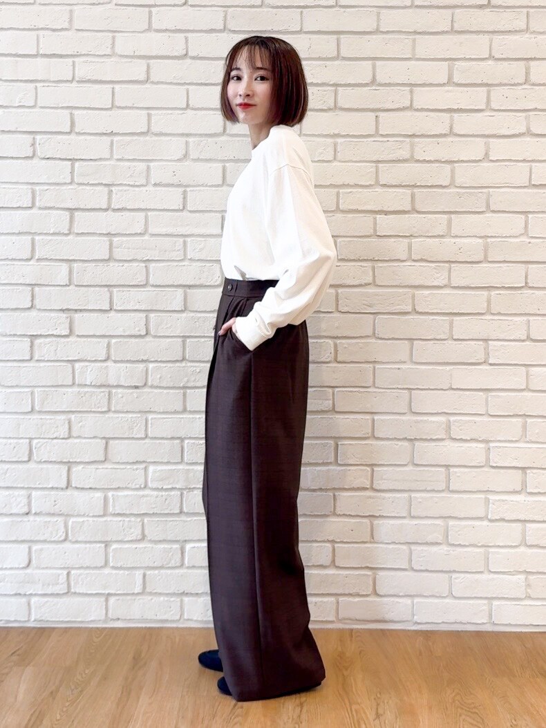 ブルー系のシャツ/ブラウス、ホワイト系のTシャツ/カットソー、ブラウン系のその他パンツを着用したレディースの秋コーディネートの9枚目の写真