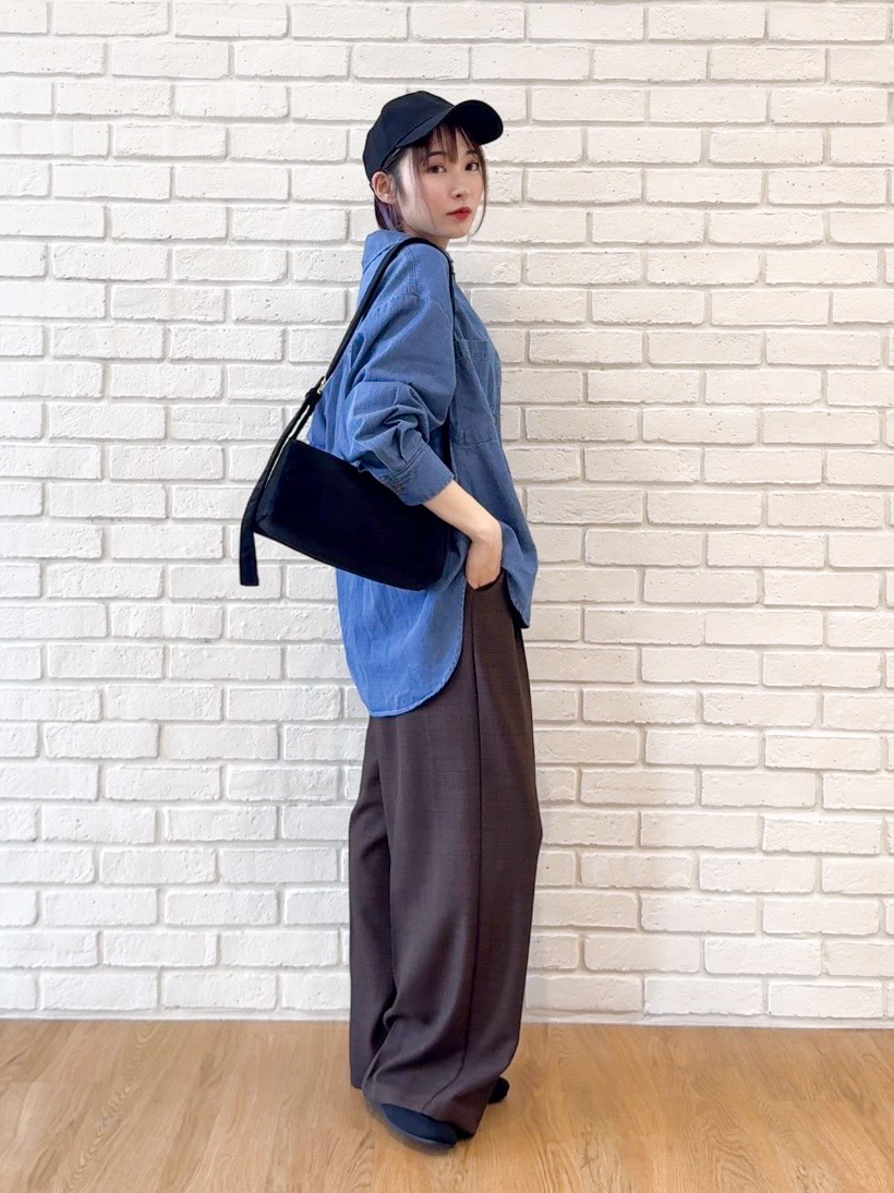 ブルー系のシャツ/ブラウス、ホワイト系のTシャツ/カットソー、ブラウン系のその他パンツを着用したレディースの秋コーディネートの2枚目の写真