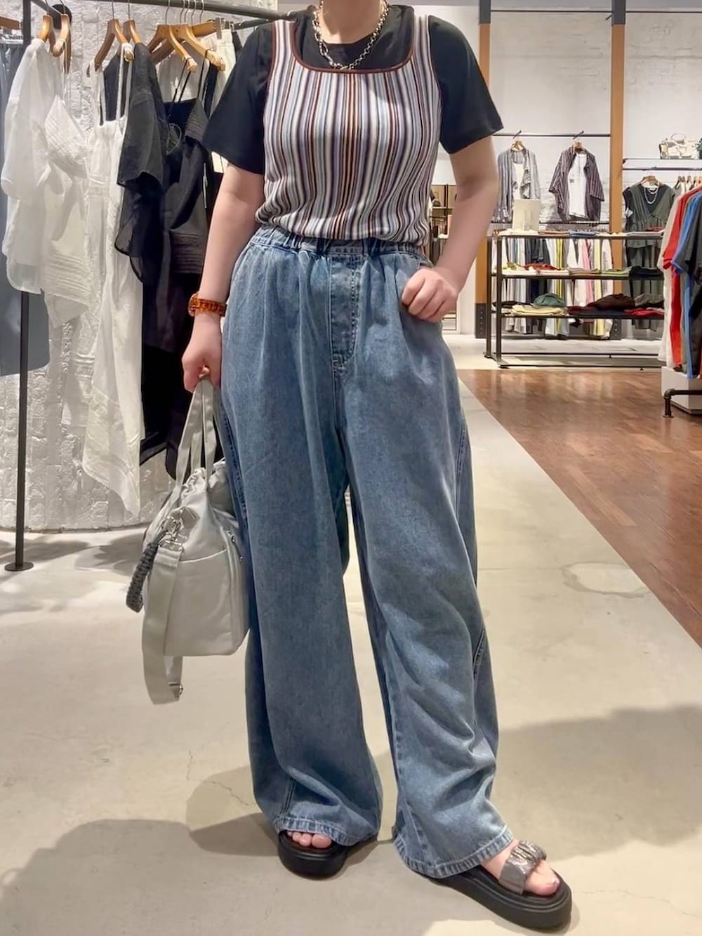 ブラック系のTシャツ/カットソー、ブルー系のデニムパンツ、グレー系のショルダーバッグを着用したレディースの夏コーディネートの2枚目の写真