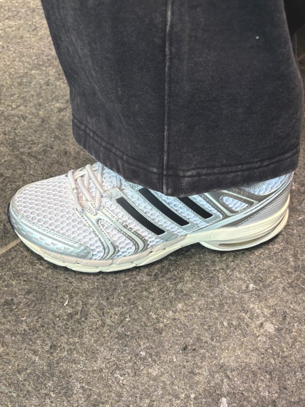 シルバー系のスニーカー、グレー系のパーカー、ブラック系のその他パンツを着用したメンズの冬コーディネートの2枚目の写真