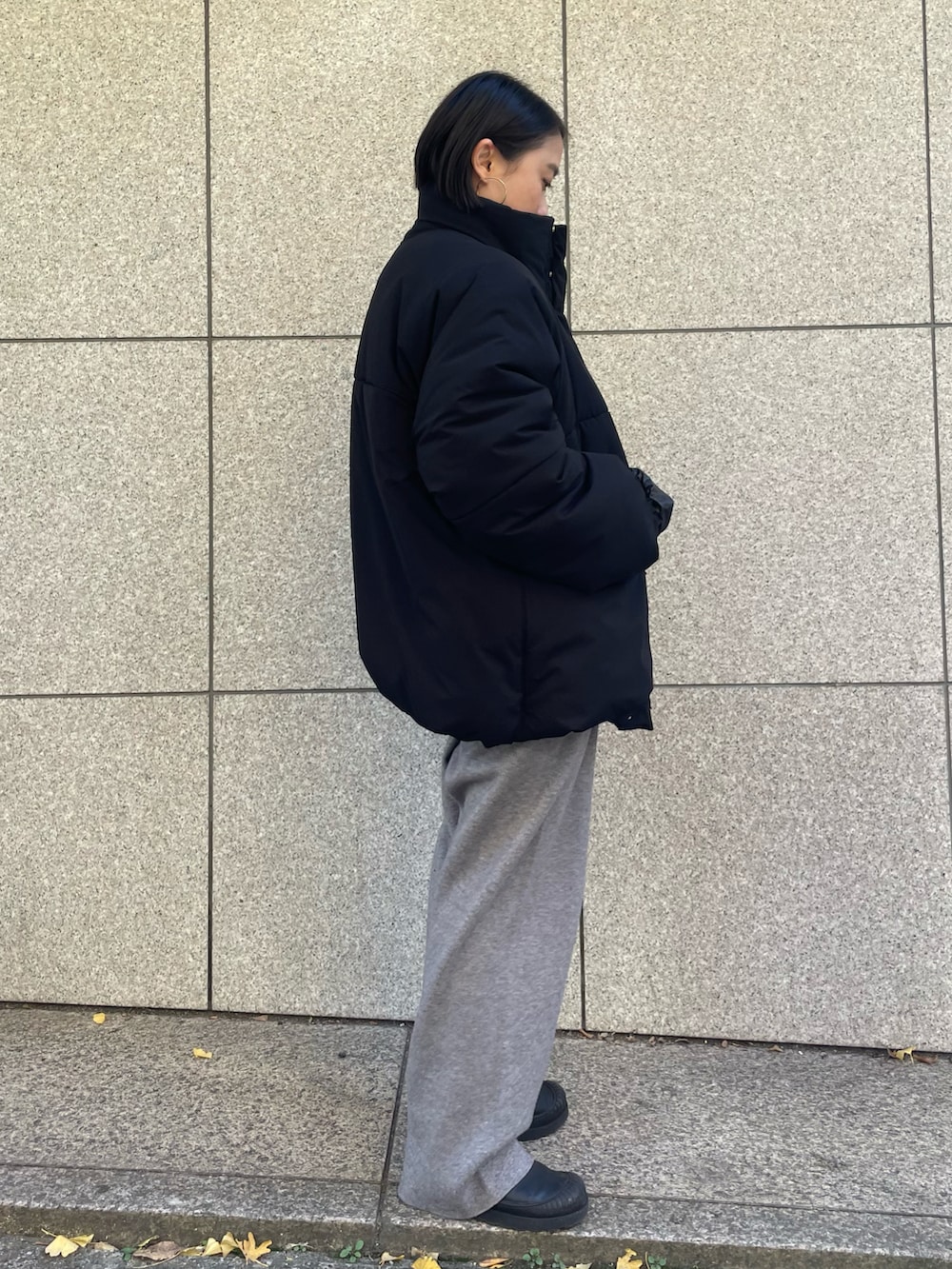 グレー系のその他パンツ、ブラック系のナイロンジャケットを着用したレディースの冬コーディネートの2枚目の写真