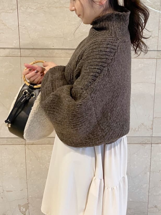 ブラック系のその他シューズ、ブラック系のハンドバッグ、ブラウン系のワンピースを着用したレディースの秋コーディネートの4枚目の写真