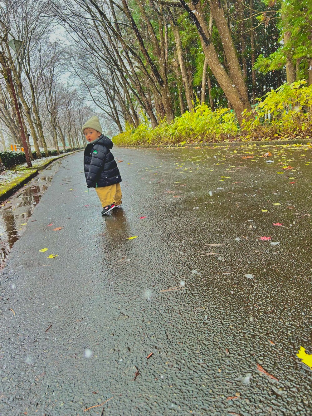 ブラック系のブルゾン、ベージュ系のカーゴパンツ、オレンジ系のニットキャップ/ビーニーを着用したキッズの冬コーディネートの3枚目の写真