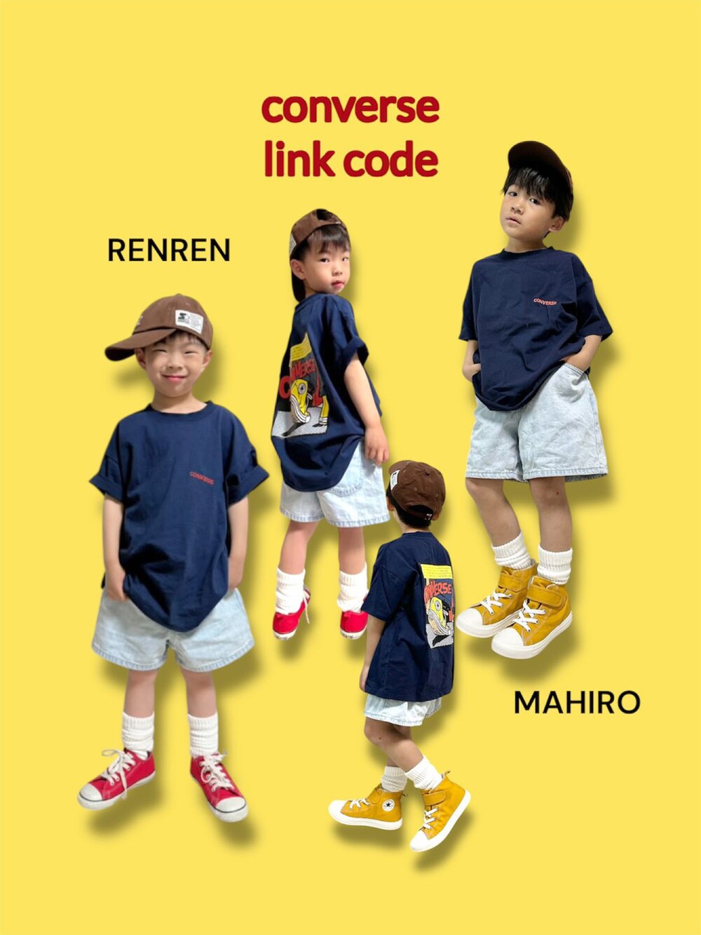 ブルー系のTシャツ/カットソー、ブルー系のデニムパンツ、レッド系のスニーカーを着用したキッズの春コーディネートの2枚目の写真
