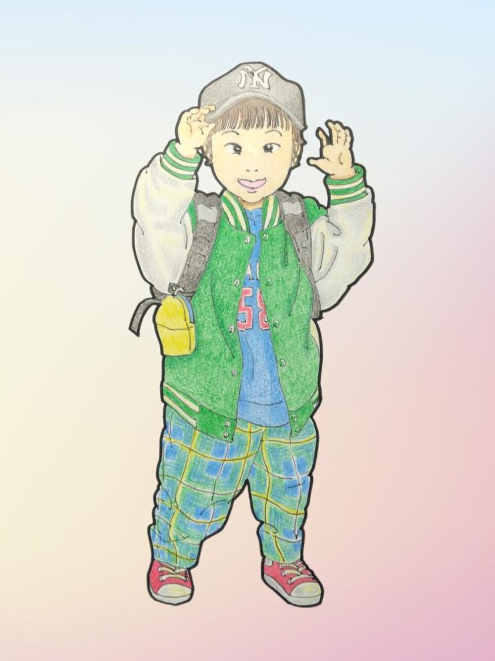 「adidasフェス2022、チェッカーず2022、秋ルック紹介するよ、adidas、チェック、カジュアルコーデ、スポーツミックス、スポーツmix、スニーカー、ロンT、レギンス、レギンスパンツ、古着MIX、休日スタイル、モノトーン」｜「CIAOPANIC TYPYの【KIDS】ベースボールカレッジTEE（Tシャツ/カットソー、ホワイト系）」を使った、lenlen23さん（キッズ・123cm）の秋コーディネートの3枚目の写真