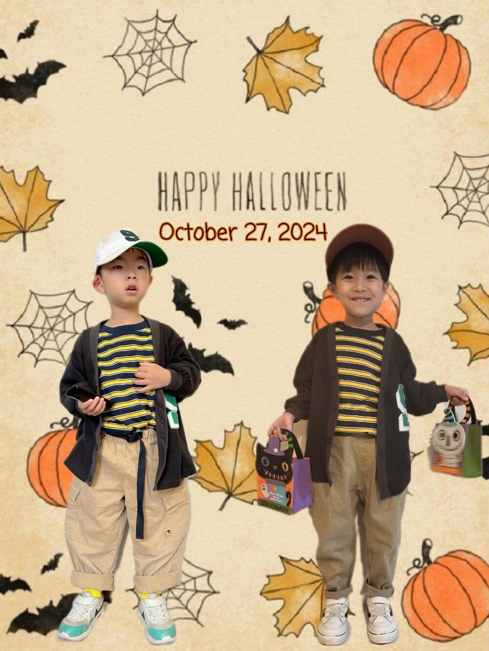 ブルー系のTシャツ/カットソー、ブラック系のカーディガン/ボレロ、ベージュ系のカーゴパンツを着用したキッズの秋コーディネートの2枚目の写真