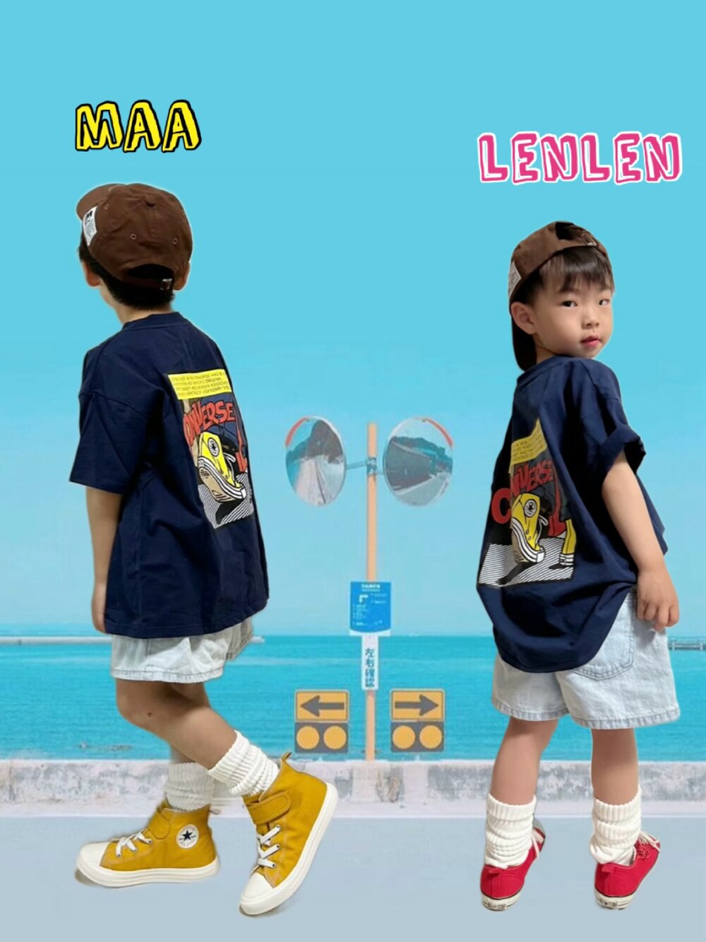 ブルー系のTシャツ/カットソー、ブルー系のデニムパンツ、レッド系のスニーカーを着用したキッズの春コーディネートの3枚目の写真