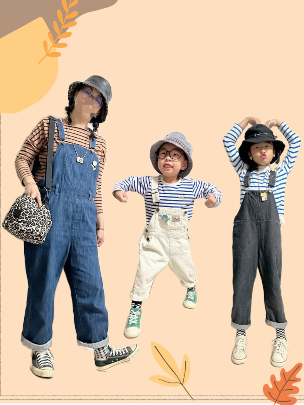 ブルー系のTシャツ/カットソー、ホワイト系のサロペット/オーバーオール、グリーン系のトートバッグを着用したキッズの秋コーディネートの2枚目の写真