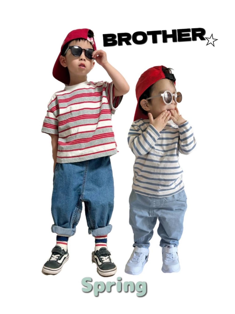 グレー系のTシャツ/カットソー、ブルー系のデニムパンツ、ブラック系のスニーカーを着用したキッズの春コーディネートの4枚目の写真