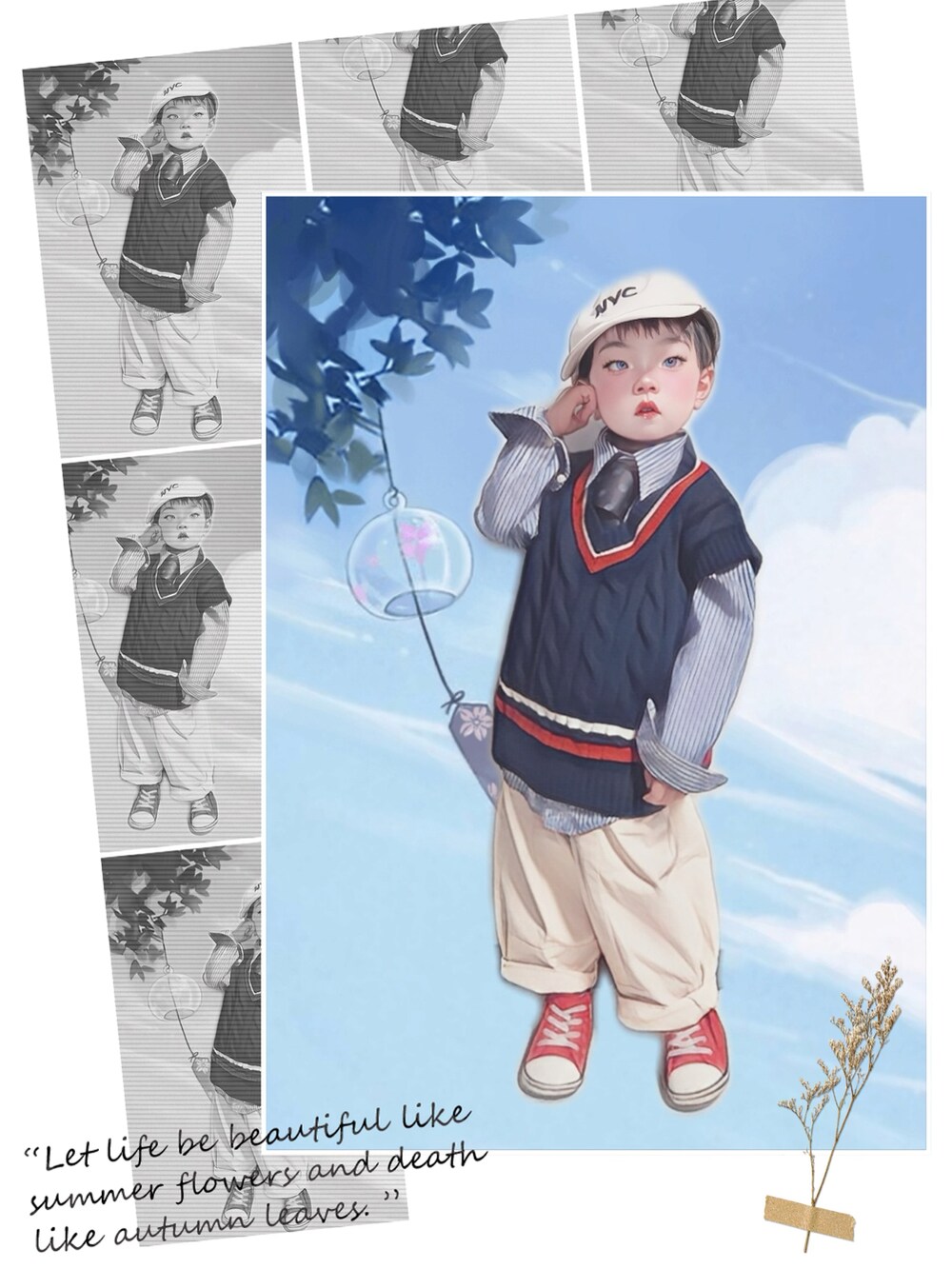 ブルー系のシャツ/ブラウス、ブルー系のベスト、ブラウン系のネクタイを着用したキッズの春コーディネートの5枚目の写真