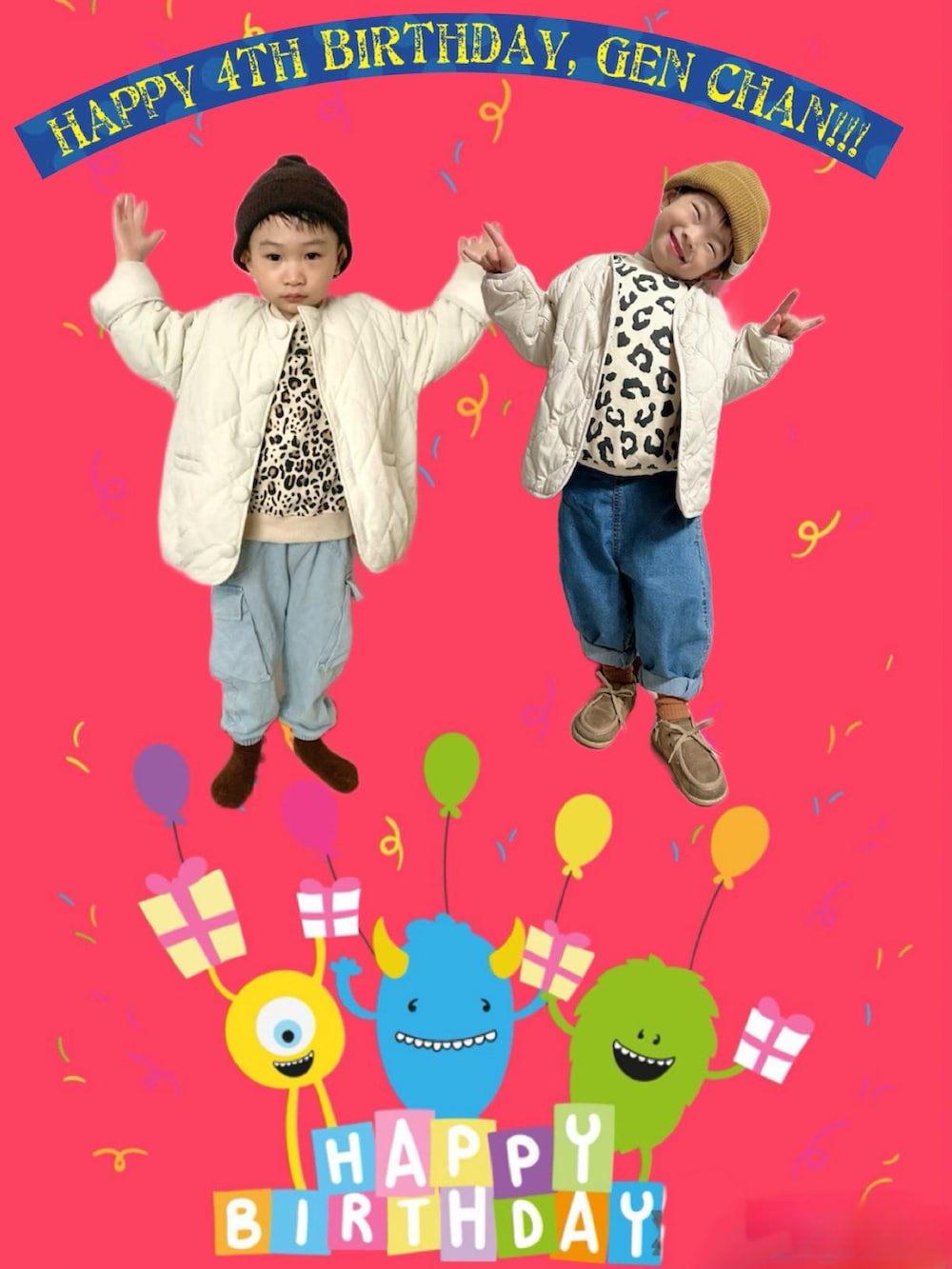 ベージュ系のスウェット、ホワイト系のノーカラージャケット、ブルー系のデニムパンツを着用したキッズの冬コーディネートの3枚目の写真