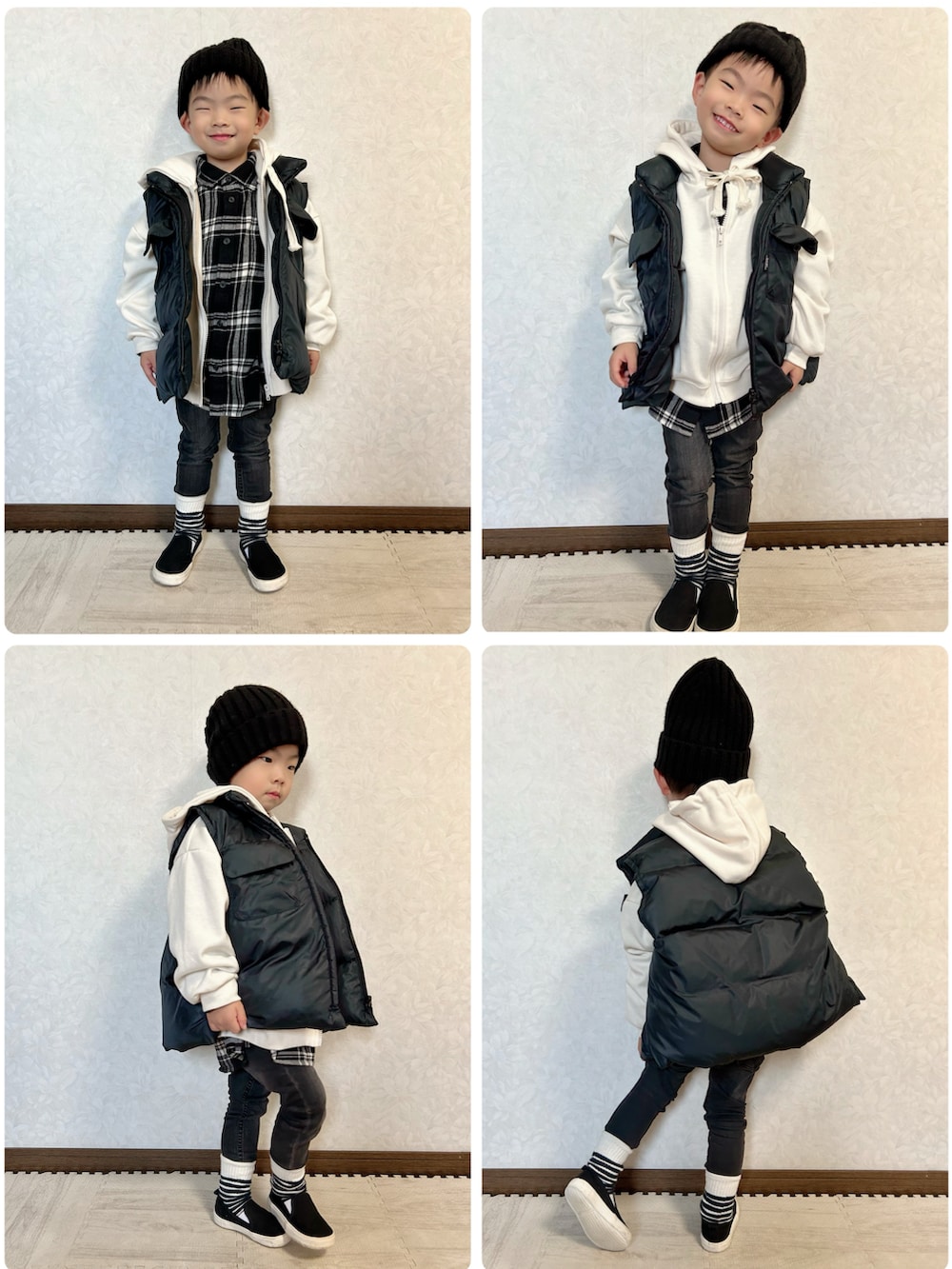 ブラック系のシャツ/ブラウス、ホワイト系のパーカー、ブラック系のダウンベストを着用したキッズの秋コーディネートの5枚目の写真