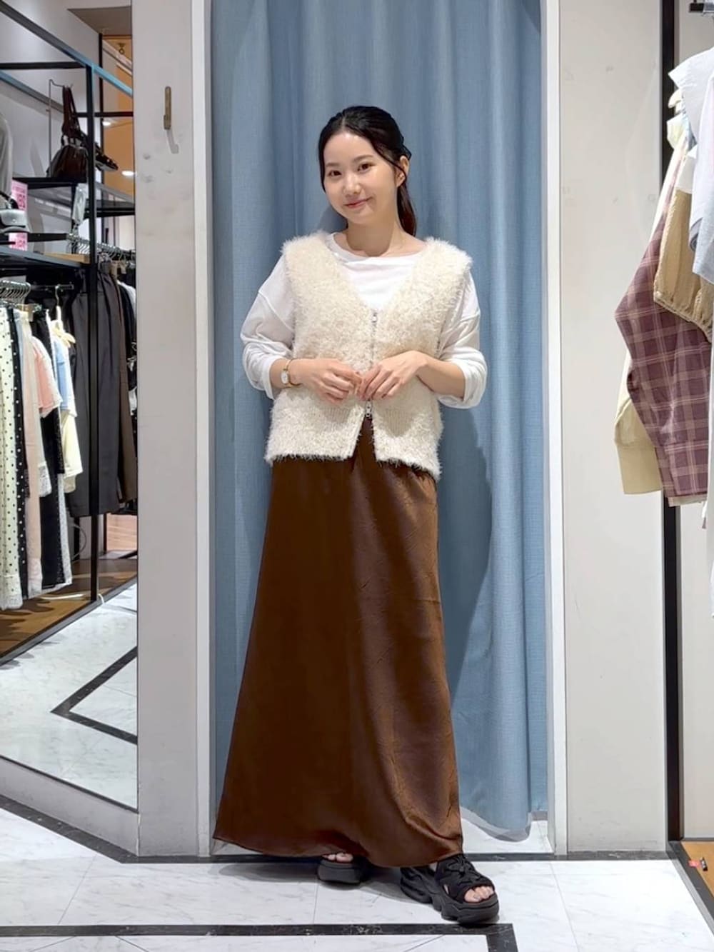 ブラウン系のスカート、ホワイト系のTシャツ/カットソー、ホワイト系のベストを着用したレディースの秋コーディネートの2枚目の写真