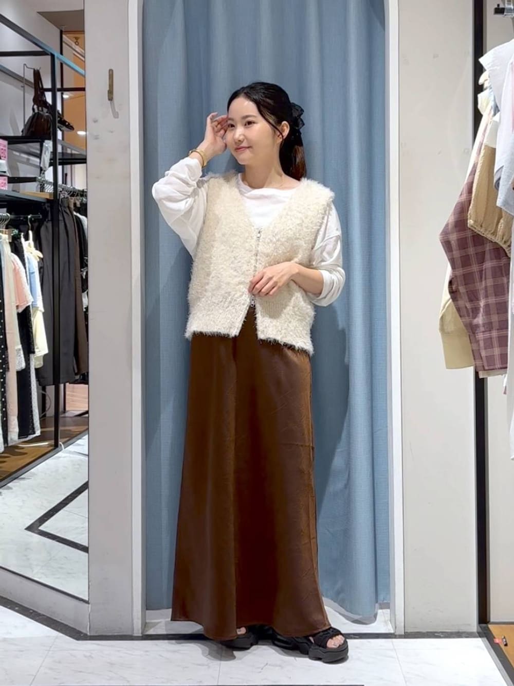 ブラウン系のスカート、ホワイト系のTシャツ/カットソー、ホワイト系のベストを着用したレディースの秋コーディネートの3枚目の写真