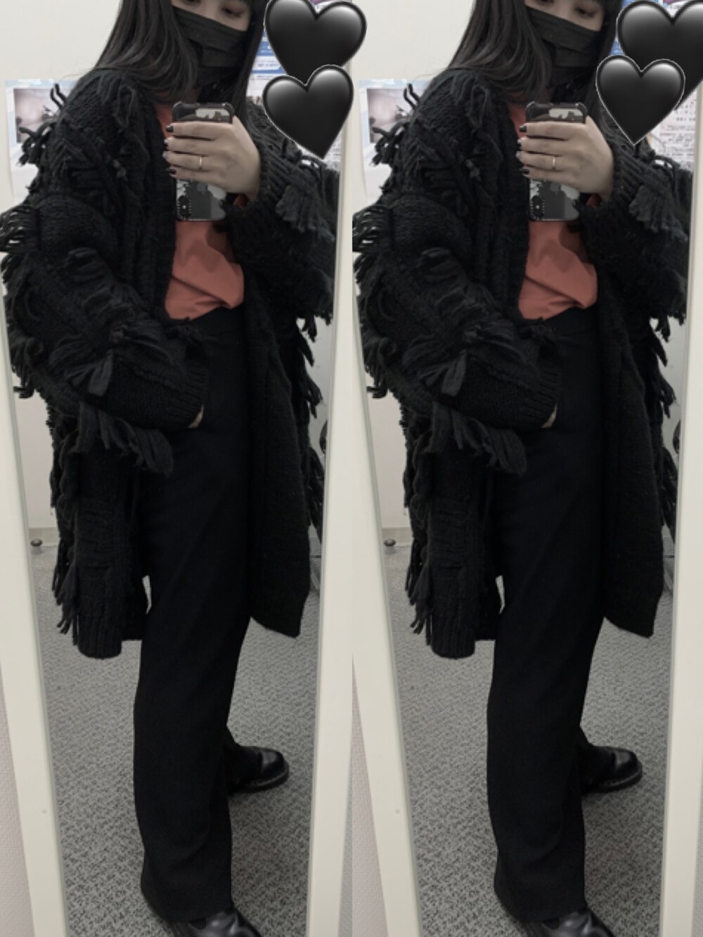 「秋のコーデ、今日のコーデ、パンツスタイル、eL_JEANASIS、カーディガン、オレンジコーデ」｜「eLの【eL】3G Big Fringe Cardigan/918565（カーディガン/ボレロ、ブラック系）」を使った、ふくくんさん（レディース・154cm）の秋コーディネートの2枚目の写真