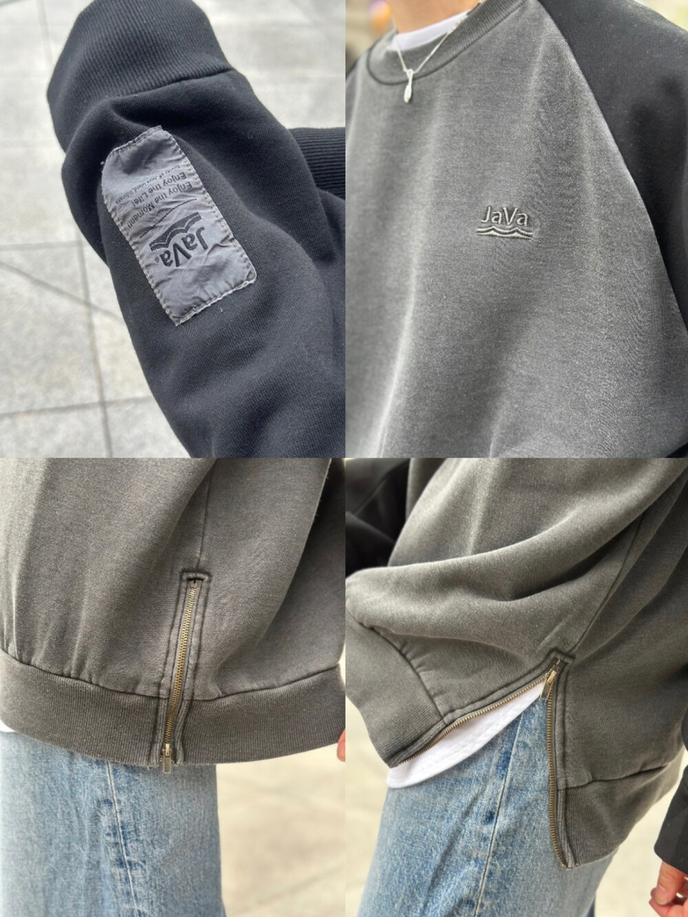 ブルー系のデニムパンツ、グレー系のスウェットを着用したレディースの秋コーディネートの3枚目の写真