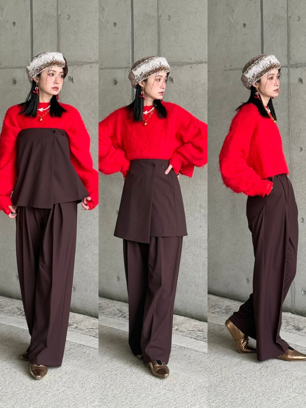 ブラウン系のスカート、ブラウン系のその他パンツ、レッド系のニット/セーターを着用したレディースの冬コーディネートの3枚目の写真