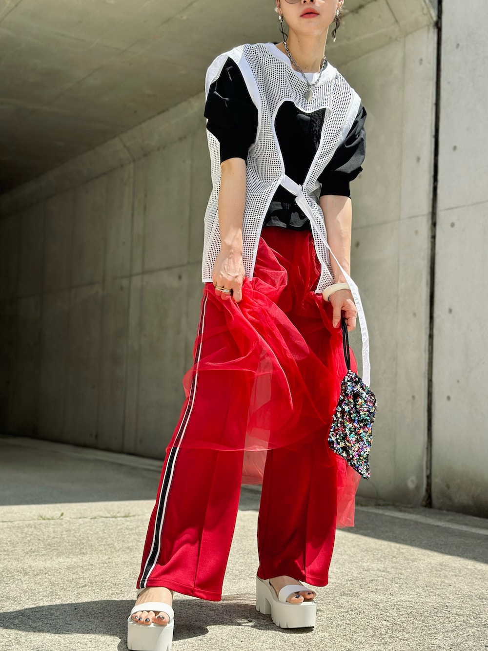 メッシュレイヤースカート レッド メッシュレイヤースカート レッド レッド ダブルレイヤー 中空ステッチ