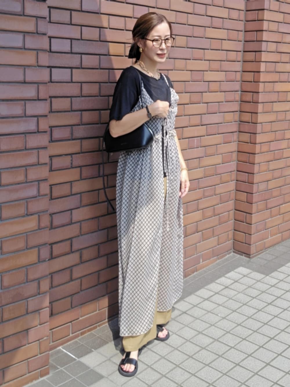 ホワイト系のワンピース/ドレス、ブラック系のショルダーバッグ、ブラック系のサンダルを着用したレディースの夏コーディネートの2枚目の写真