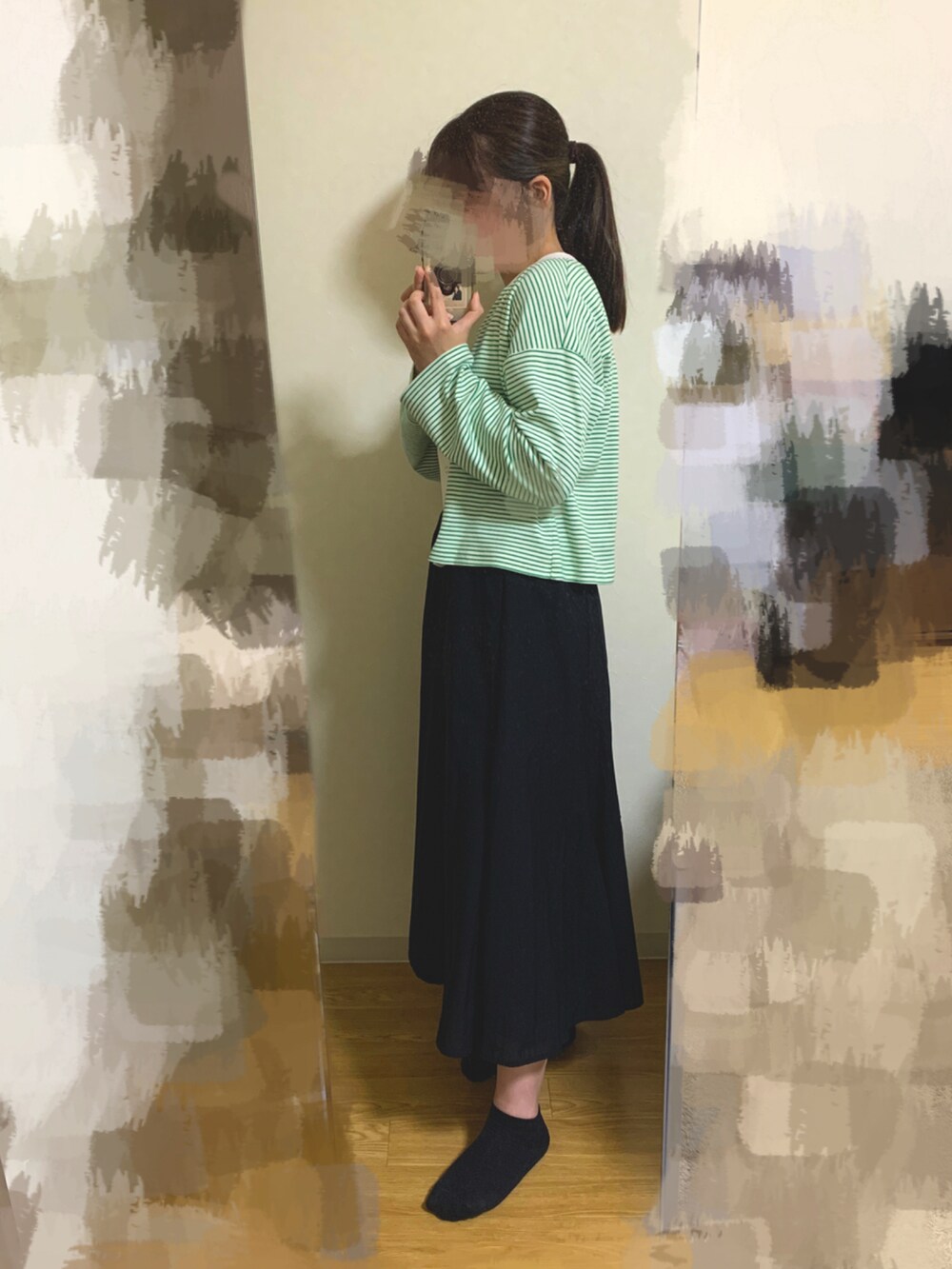 「ootd、outfit、UNIQLO、春、グリーン」｜「DISCOATのリブボーダーキャミアンサンブル（ニット/セーター、グリーン系）」を使った、meさん（レディース・162cm）の春コーディネートの2枚目の写真