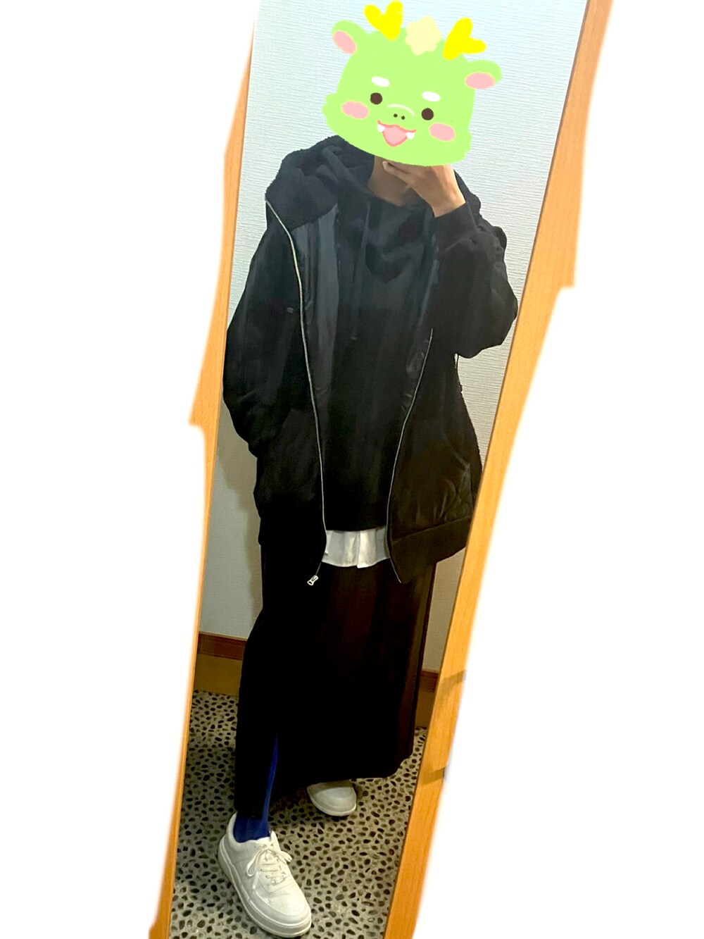 ブラック系のベスト、ブラック系のパーカー、ブラック系のスカートを着用したレディースの春コーディネートの2枚目の写真