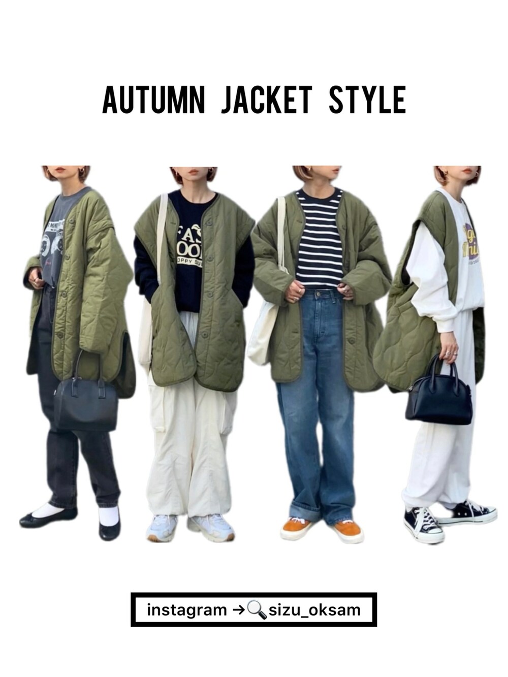 グリーン系のノーカラージャケット、ブラック系のTシャツ/カットソー、ホワイト系のカーゴパンツを着用したレディースの秋コーディネートの4枚目の写真