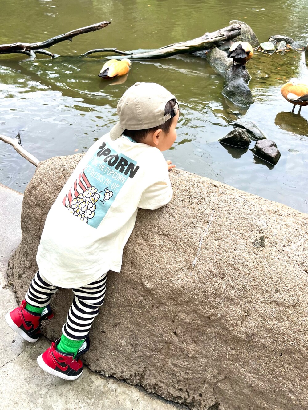 ホワイト系のTシャツ/カットソー、ブラック系のスニーカー、ベージュ系のキャップを着用したキッズの春コーディネートの3枚目の写真