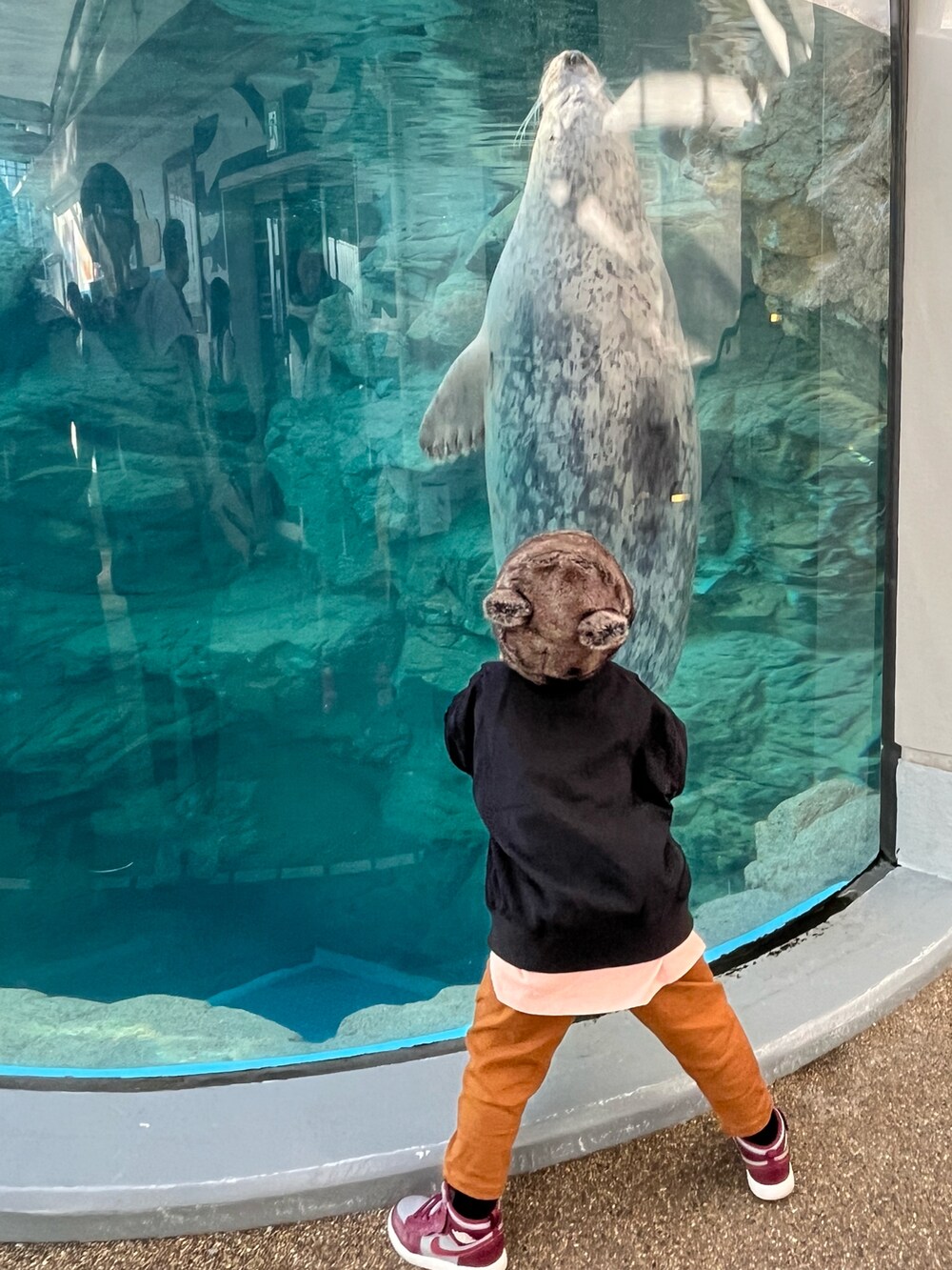 「ファッションを楽しもう、お出かけコーデ、水族館、くまさん、くまさん帽子、スニーカー、ジョーダン、aj1、ビッグシルエット」｜「B:MING by BEAMSのアイテム（ハット、ブラック系）」を使った、mai✺maiさん（キッズ・100cm）の秋コーディネートの3枚目の写真