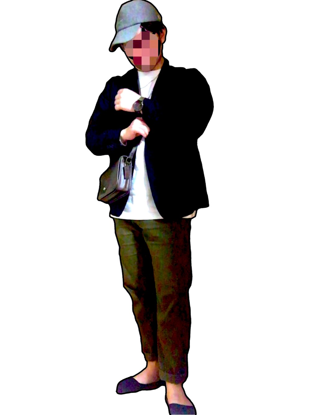 ホワイト系のTシャツ/カットソー、ブルー系のその他アウター、ブラウン系のショルダーバッグを着用したメンズの秋コーディネートの2枚目の写真