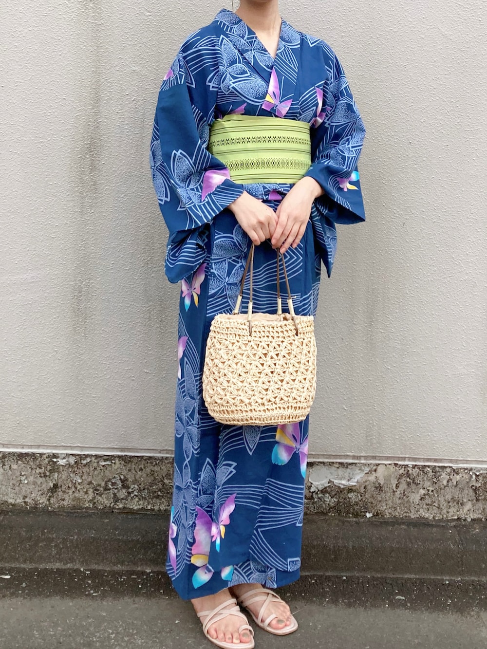 「夏コーデ、浴衣、ゆかた、かごバッグ、花火大会」｜「studio CLIPのナローラインサンダル（サンダル、ベージュ系）」を使った、nareさん（レディース・169cm）の夏コーディネートの2枚目の写真