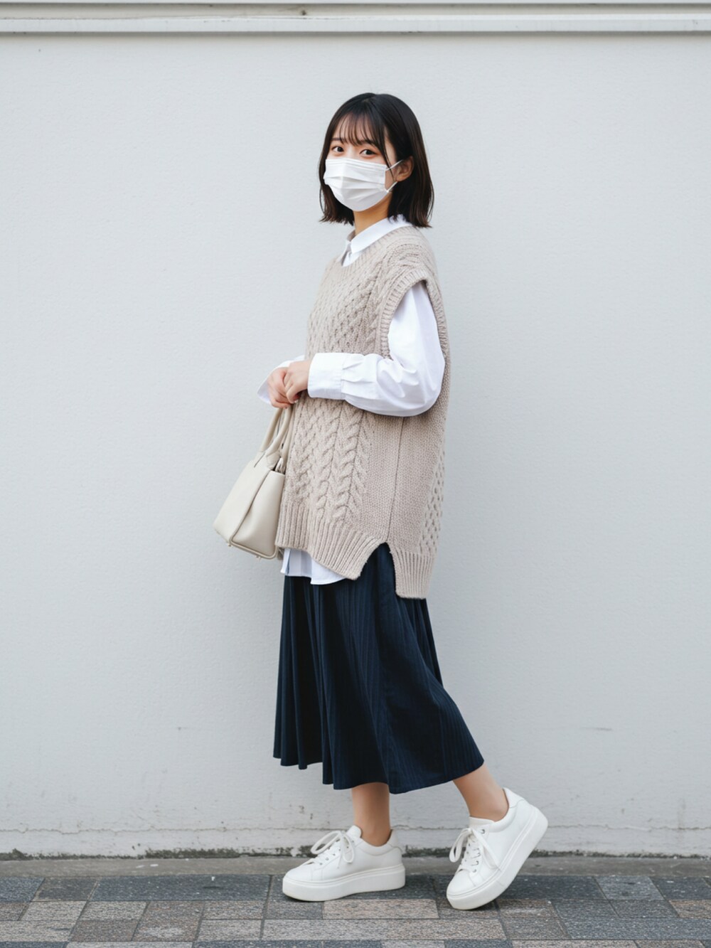 ベージュ系のジャケット/アウターを着用したレディースの冬コーディネートの2枚目の写真